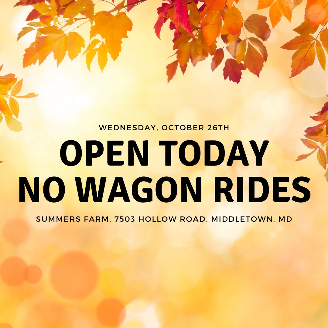 SummersFarm's tweet image. We will be open today, Wednesday, October 26th from 1pm to 7pm! Due to the wet conditions along the wagon ride track, there will be no wagon rides today, but we still have plenty of beautiful pumpkins to pick from!