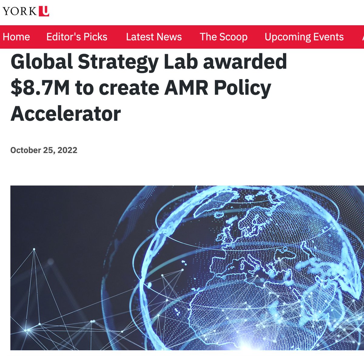 @YUGlobalHealth Professors and @gstrategylab Investigators (@shoffmania @MathieuJPP @PH_ethics_law @TarraPenney) will bridge science and policy to support evidence-informed antimicrobial resistance policy making around the world. yfile.news.yorku.ca/2022/10/25/glo…