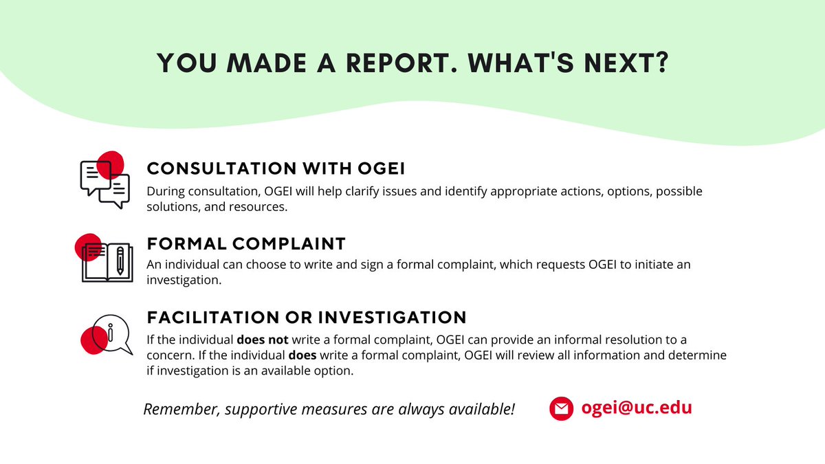After you've made a report to OGEI, there are several options available as next steps. Please remember supportive measures are always available!