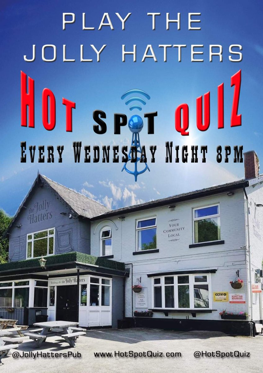 It's Week 2 of The <a href="/HotSpotQuiz/">Hot Spot Quiz 1.5k</a> here at The @JollyHattersPub 
Come on down tonight for our Dave <a href="/DaveDDecks/">DJ Dave Bradley 🙏🇺🇦🙏</a> &amp; his Fantastic #SmartPhoneQuiz along with #PlayYourCardsRight featuring a Cash Jackpot of £109 - Are you feeling lucky? #HalftimeFood #Result We'll see you from 8pm