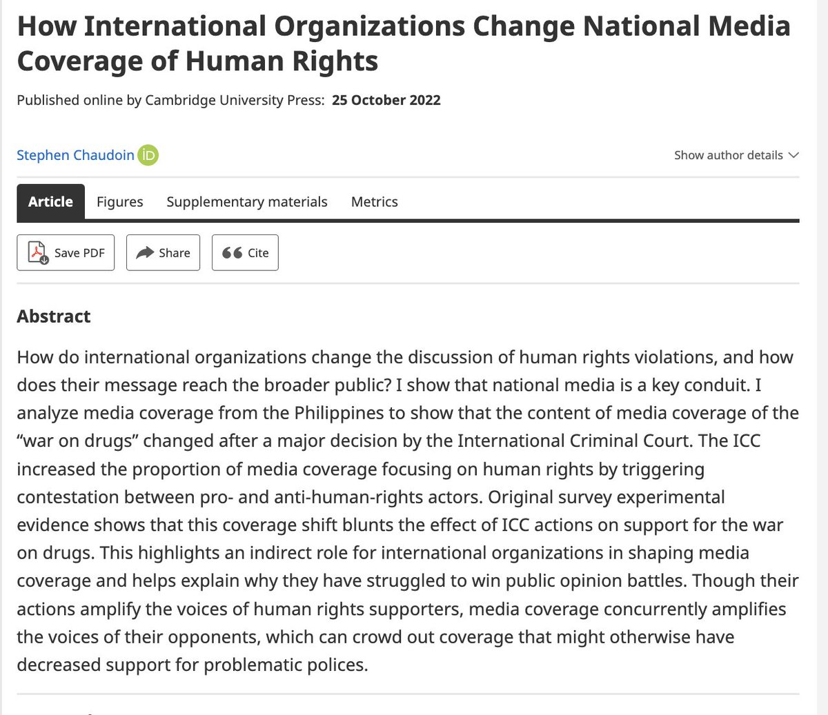 How do IOs affect media discussions of human rights? @HarvardGovernm1's @StephenChaudoin uses observational and experimental data from the Philippines to show the International Criminal Court increased human rights content & contestation over the 'war on drugs.' [1/2]