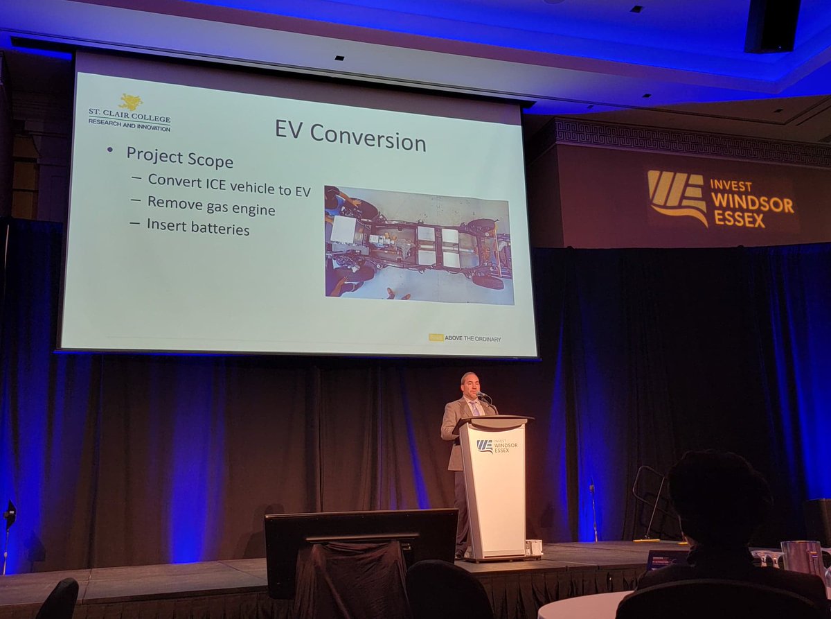 _investwe's tweet photo. Thank you to our platinum sponsor @StClairCollege. Dr. Peter Wawrow, director, applied research & development showcases some their innovative projects at the college incl. @ENWINUtilities' conversion project from an #ICEvehicle to #EV. #EmergingTech2022 #PowerofAutomation https://t.co/t4f3mTrWDw
