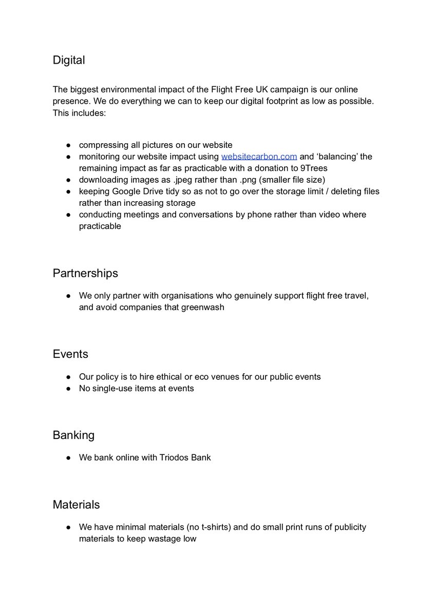 New environmental policy. Particularly like 'the two main members of staff are vegan, so most of the work done by Flight Free UK is plant-powered.' 🤣 Are we missing anything? More suggestions on being as eco as possible?