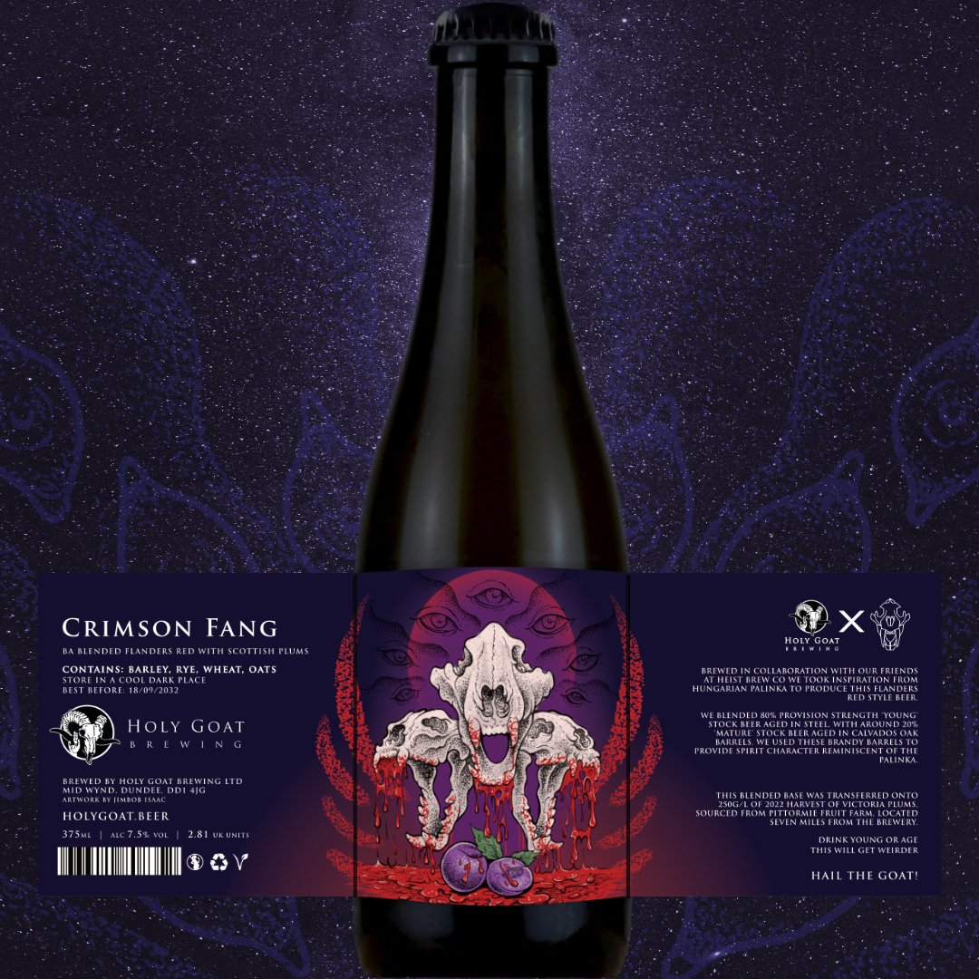 Holy Goat X Heist - Crimson Fang - 7.5%
BA Blended Flanders Red with Scottish Plums 

The second of three new releases available from this Friday at 5pm.

#HolyGoatBrewing #Holygoat #Hailthegoat #Heist