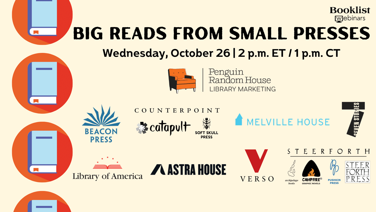 TODAY! Don't forget to register for our webinar with @PRHLibrary featuring @BeaconPressBks, @CatapultStory, @melvillehouse, @7StoriesPress, @LibraryAmerica, @astrapublishing, @VersoBooks, & @SteerforthPress! You won't want to miss these titles--RSVP now: bit.ly/3M647qT