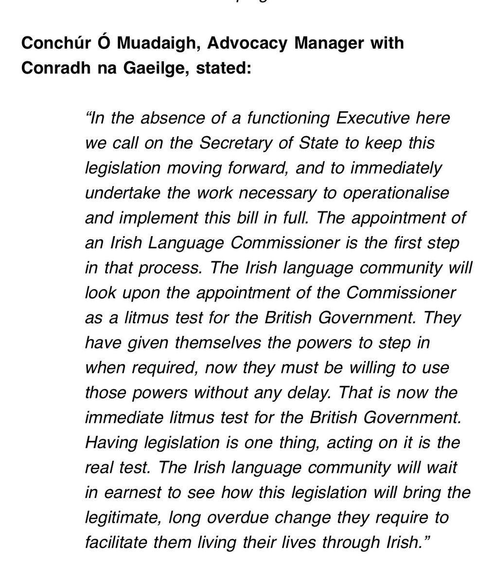 ‘Another historic staging post for Irish language Community as Irish language legislation passes through final Westminster stages’ @CnaG The Bill will now go forward for Royal Assent and commencement dates will be issued by the NIO.