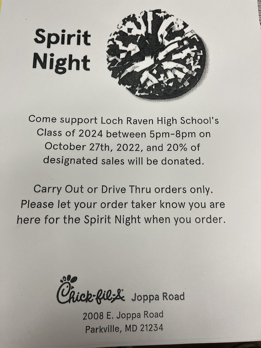 Please support the Junior class tomorrow night and get dinner b4 the Ravens game.  Make sure to let them know before you order that you’re supporting the LR class of 2024!