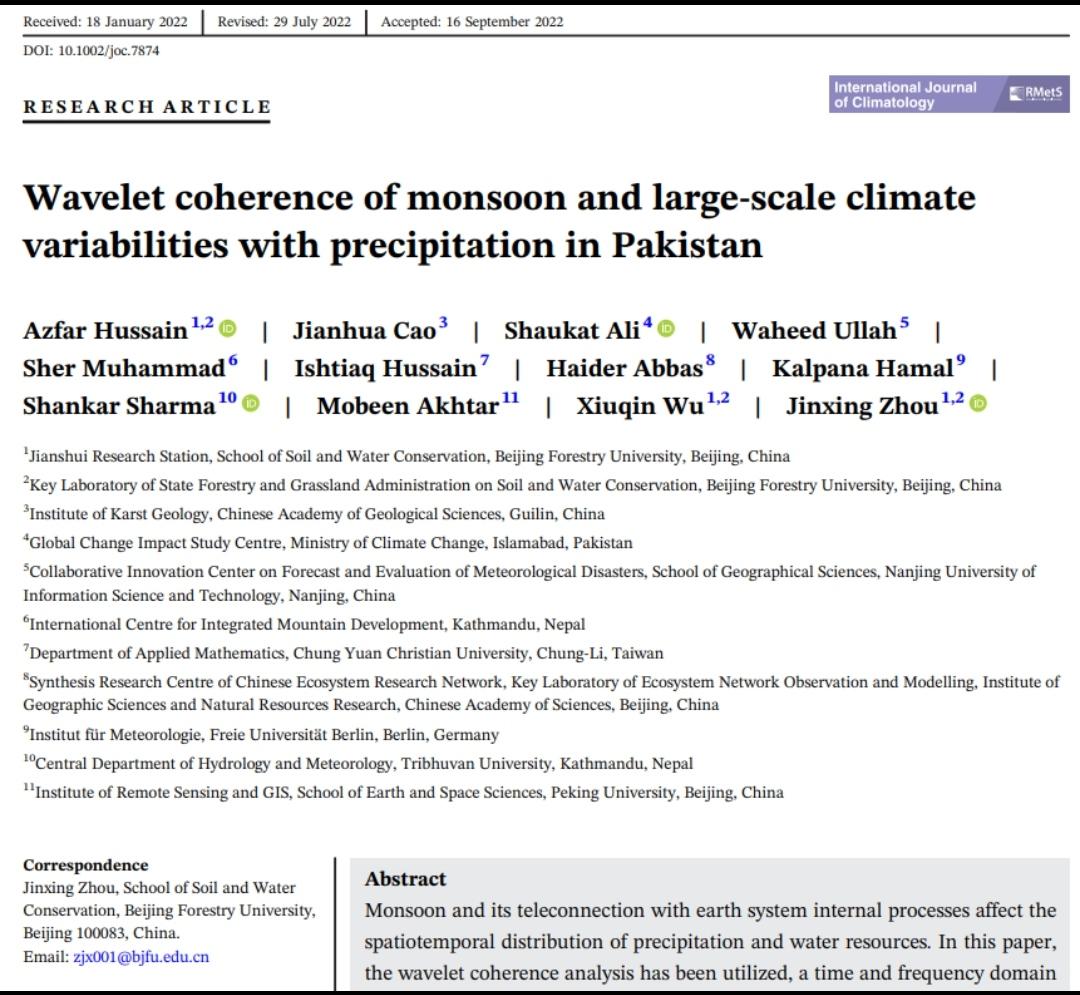 Our latest paper on "Wavelet coherence of monsoon and large-scale climate variabilities with precipitation in Pakistan" is available online now. with Collaboration among: @BeijingForestryUni <a href="/GCISC/">이은빈</a>
 <a href="/NUIST/">zhaoxinqing</a> <a href="/icimod/">ICIMOD</a>
<a href="/pirshauki/">Dr Pir Shaukat Ali</a> <a href="/Dr_MSher/">Dr Sher Muhammad</a> @Ishtiaqhucane 
rmets.onlinelibrary.wiley.com/doi/10.1002/jo…