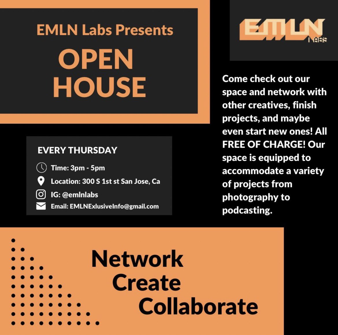 EMLNEXCLUSIVE's tweet photo. Every Thursday, EMLN Labs opens up its headquarters to local creatives to 👥 network, finish projects, and 💭 brainstorm new ones!

Stop by tomorrow between 3 pm and 5 pm to take advantage of the space! We'd love to meet you!

#bayareanetworking  #sanjosenetworking #emln #create https://t.co/B4iN6eWuWG