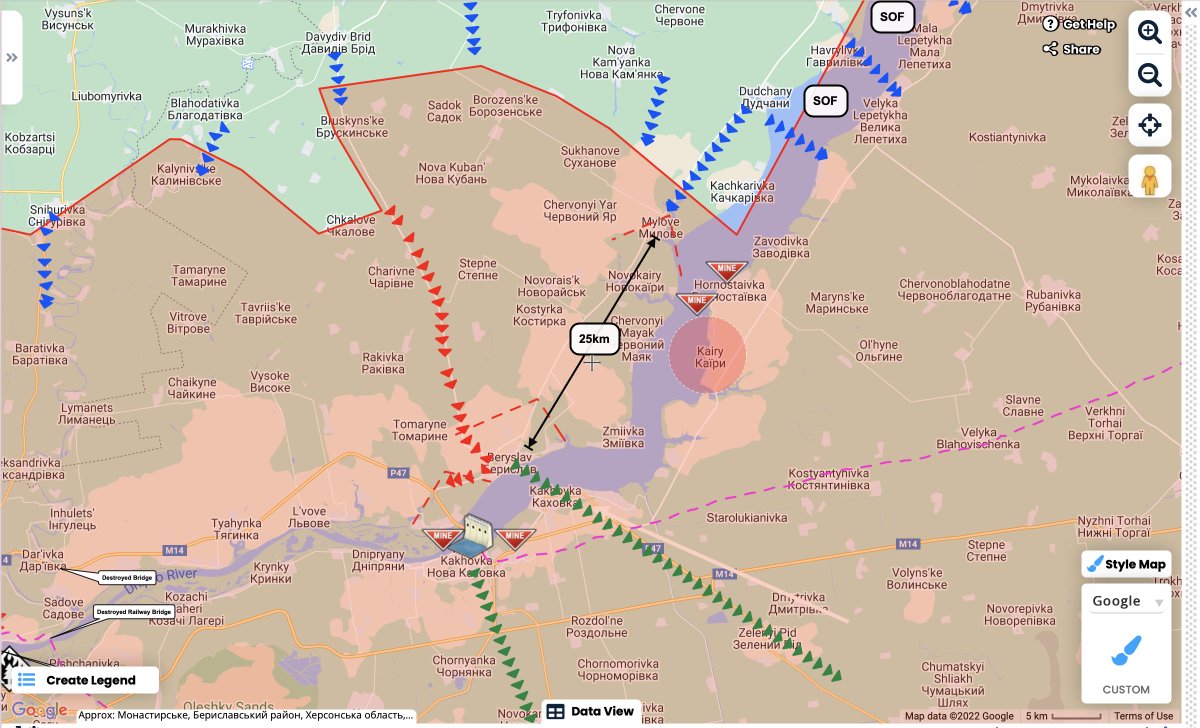 GeopoliticalGu1's tweet photo. The strike killing 30-40 #Chechens occurred in the village of #Kairy on the south bank of the Dnipro River.This is just SW of #Hornostaivka where it was previously reported #Russian troops mined a possible exit route from the north bank #Ukraine #UkraineRussiaWar #Russia #Kherson https://t.co/jYrtZYPabp