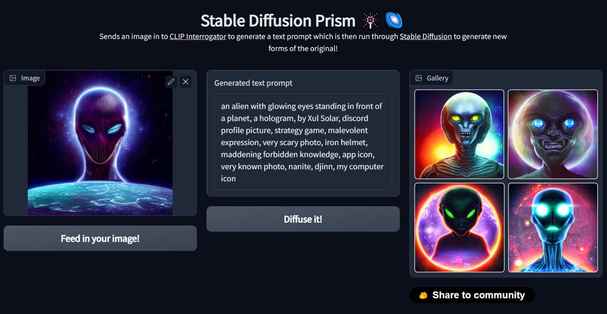 Stable Diffusion Prism on @huggingface combines CLIP Interrogator with Stable Diffusion to generate new forms of the image you feed it! much ♥ to the folks at🤗 for the fun collaboration! try it out at huggingface.co/spaces/pharma/… #aiartcommunity #stablediffusion