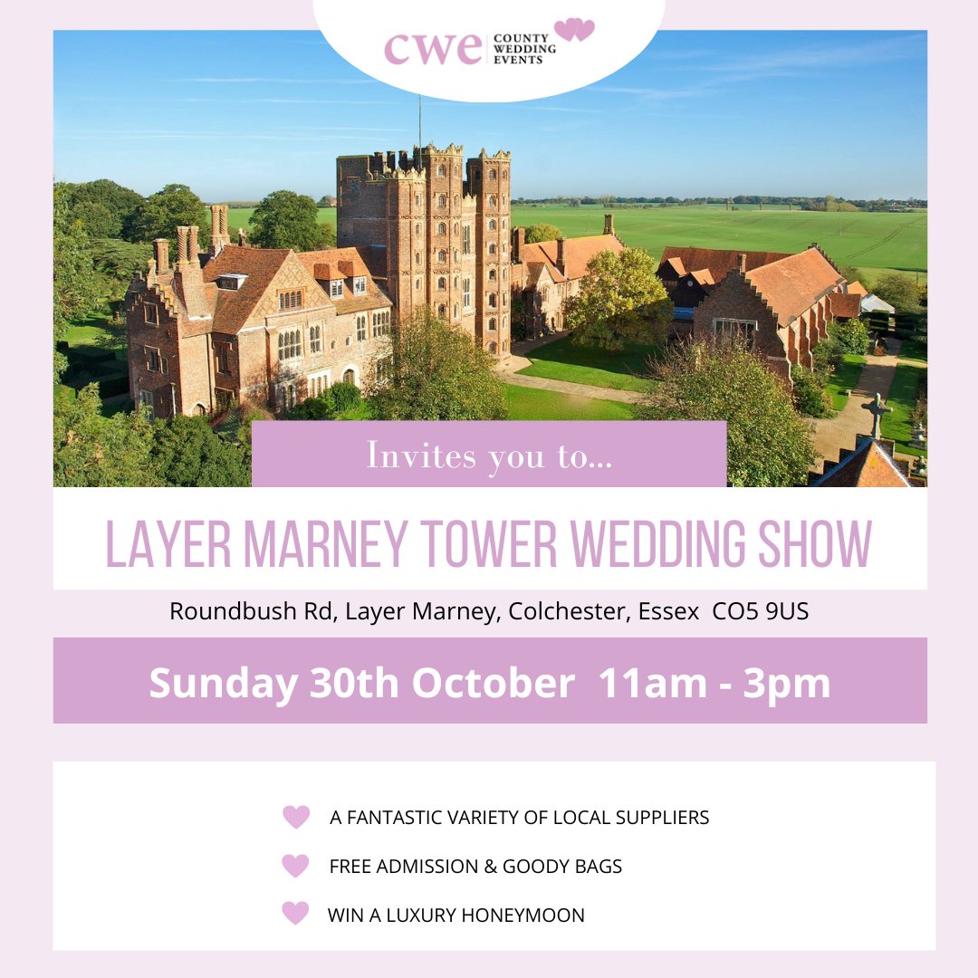 The <a href="/CountyWedEvent/">CountyWeddingEvents</a> Layer Marney Tower Wedding Show!

📍 Layer Marney, Colchester, Essex, CO5 9US
📆 Sun, 30 Oct 2022
⏰ 11am - 3pm

Pre-register your attendance at countyweddingevents.com/layer-marney-t… and save time on the day! #essex #weddingshow #weddingevent #norfolk #suffolk #cambridge