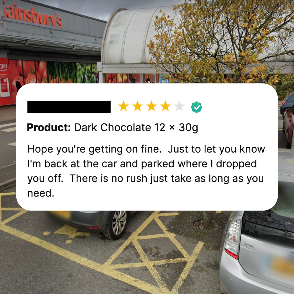 UNUSUAL REVIEWS WE GET PART 1: L*****, we can’t help your friend find where you’re parked, but our Dark Choc Chickpeas can help if you’re feeling peckish while you wait 😜 Ps. We hope you weren’t waiting too long. Or that you were waiting for us. That would be awkward 😬 #snacks