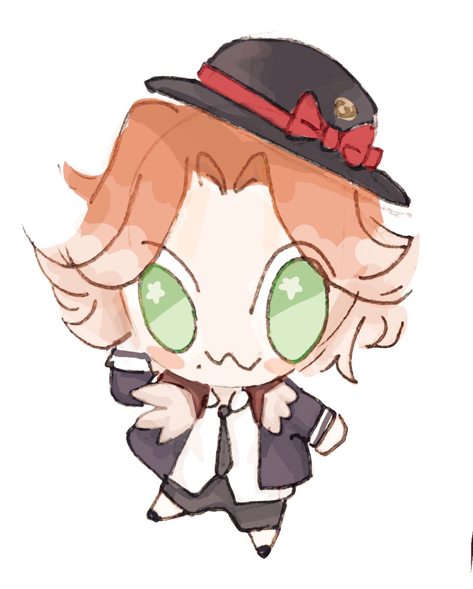 hat green eyes solo necktie 1boy chibi male focus  illustration images