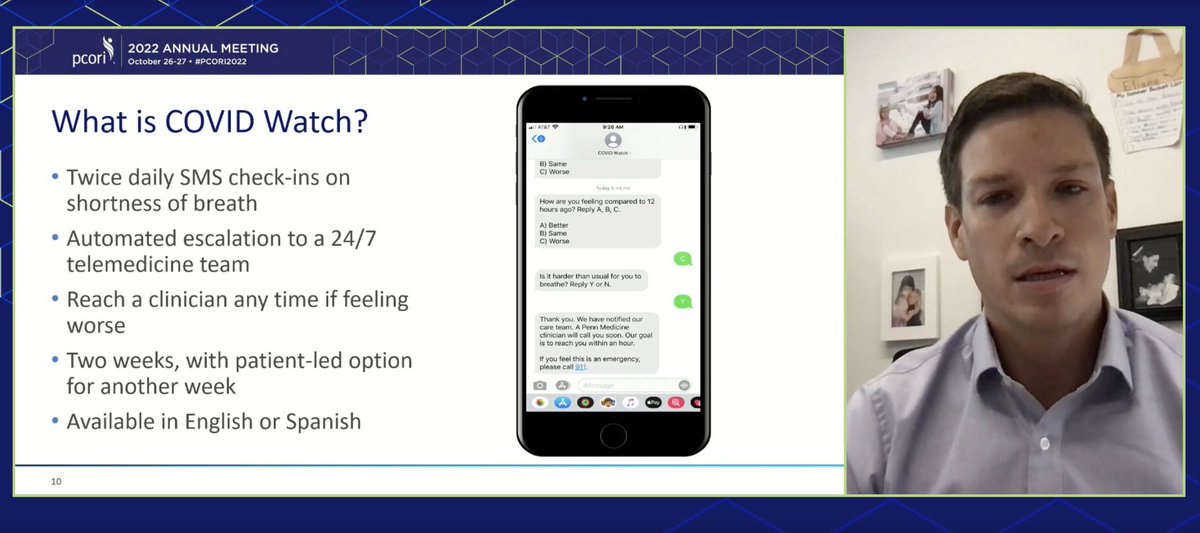 PM_Innovation's tweet image. At today&apos;s #PCORI2022 session &quot;Results and Lessons from @PCORI&apos;s COVID-19 Portfolio,&quot; @kit_delgadoMD shared highlights from COVID Watch, @PennMedicine&apos;s text message-based remote monitoring program for #COVID19 patients.