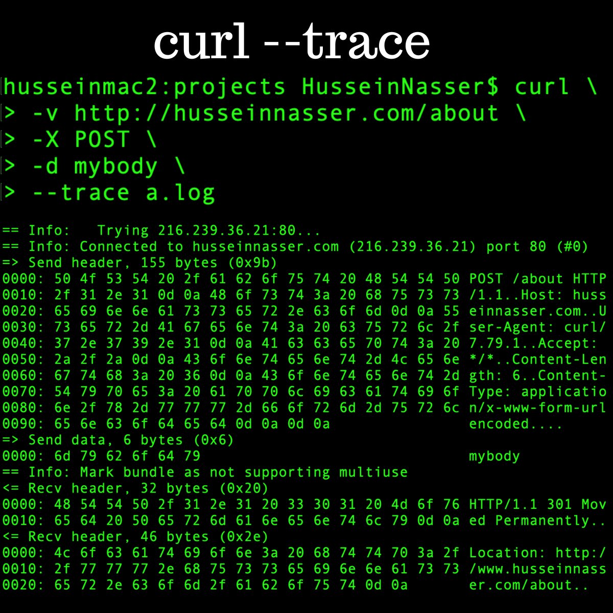 hnasr's tweet photo. I just learned there is a - - trace option in curl and it has amazing details, beats -v for sure

We can’t thank @bagder enough for this amazing tool, I heard WebSockets coming soon too :) https://t.co/dA4fOr9dXl
