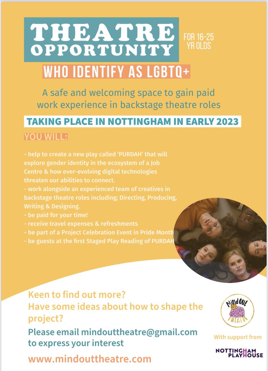 Calling all 16-25 yr olds who identify as LGBTQ+ and are based in the midlands 🏳️‍⚧️ 🏳️‍🌈 

Get in touch with us to express your interest! Just a line or two about why you’d like to take part 📧

mindouttheatre@gmail.com
