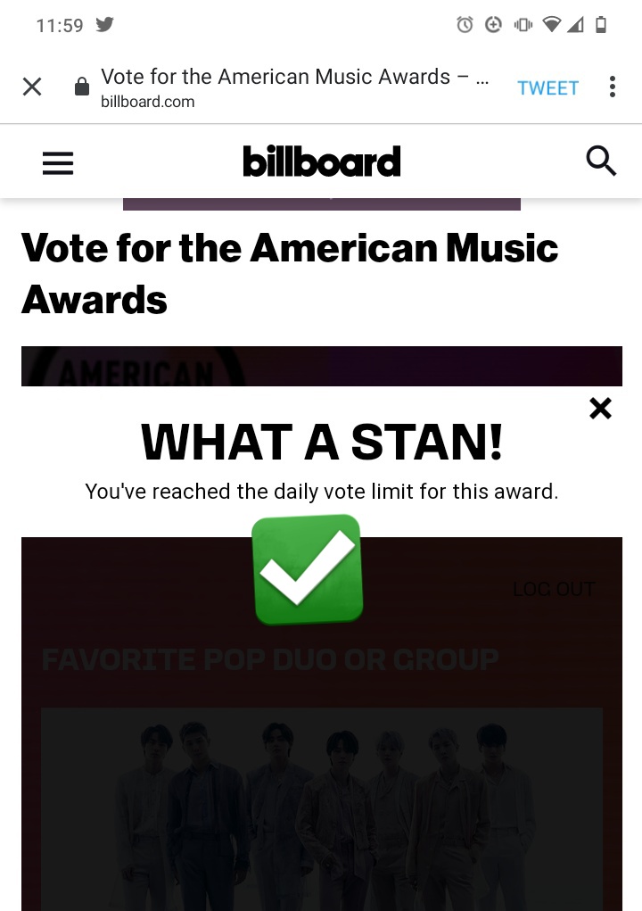 — Voten por BTS en los AMAs categoría 'Duo/Grupo Pop Favorito', son 22 votos por twitter & 22 votos por página web, dejen sus capturas ♡ 🔗 (billboard.com/amasvote/) I'm voting for BTS (@BTS_twt) for Favorite Pop Duo or Group at the #AMAs