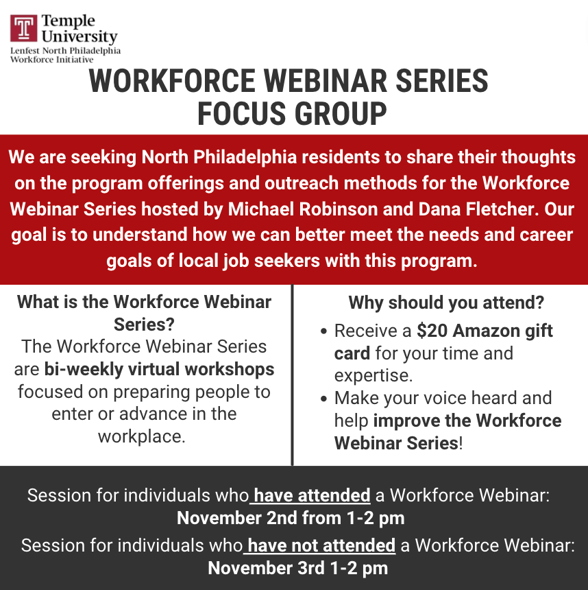 We need you to help improve our Workforce Webinar Series! Join a Focus Group on November 2nd or 3rd from 1-2 pm on Zoom and share your thoughts and opinions. SIGN UP NOW: linktr.ee/lnpwi