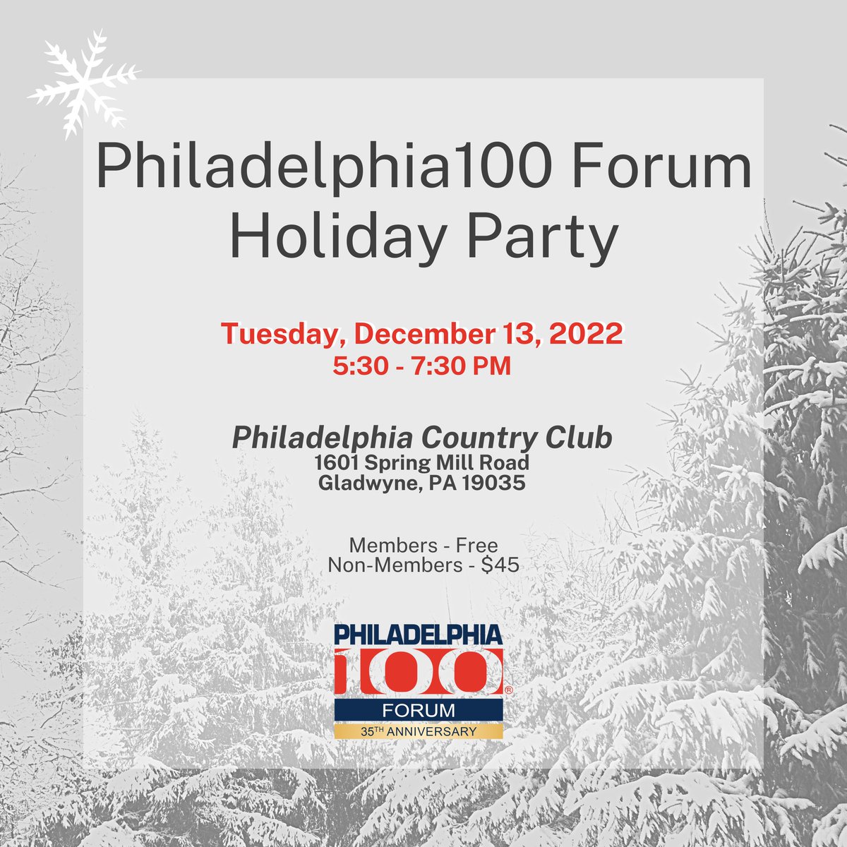 Philadelphia 100 (@phila100) on Twitter photo JUST ANNOUNCED: The Philadelphia100 Forum's Holiday Party will be Tuesday, December 13th at the beautiful Philadelphia Country Club! Register for our end of year celebration here: philly100.org/events JUST ANNOUNCED: The Philadelphia100 Forum's Holiday Party will be Tuesday, December 13th at the beautiful Philadelphia Country Club! Register for our end of year celebration here: philly100.org/events