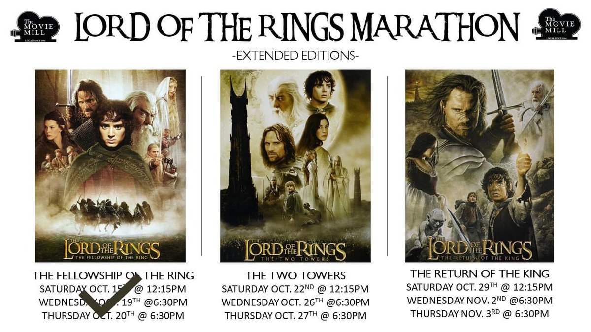 LOTR: The Two Towers will play tonight + Thursday @ 6:30pm! Get tickets at the theatre or moviemill.com