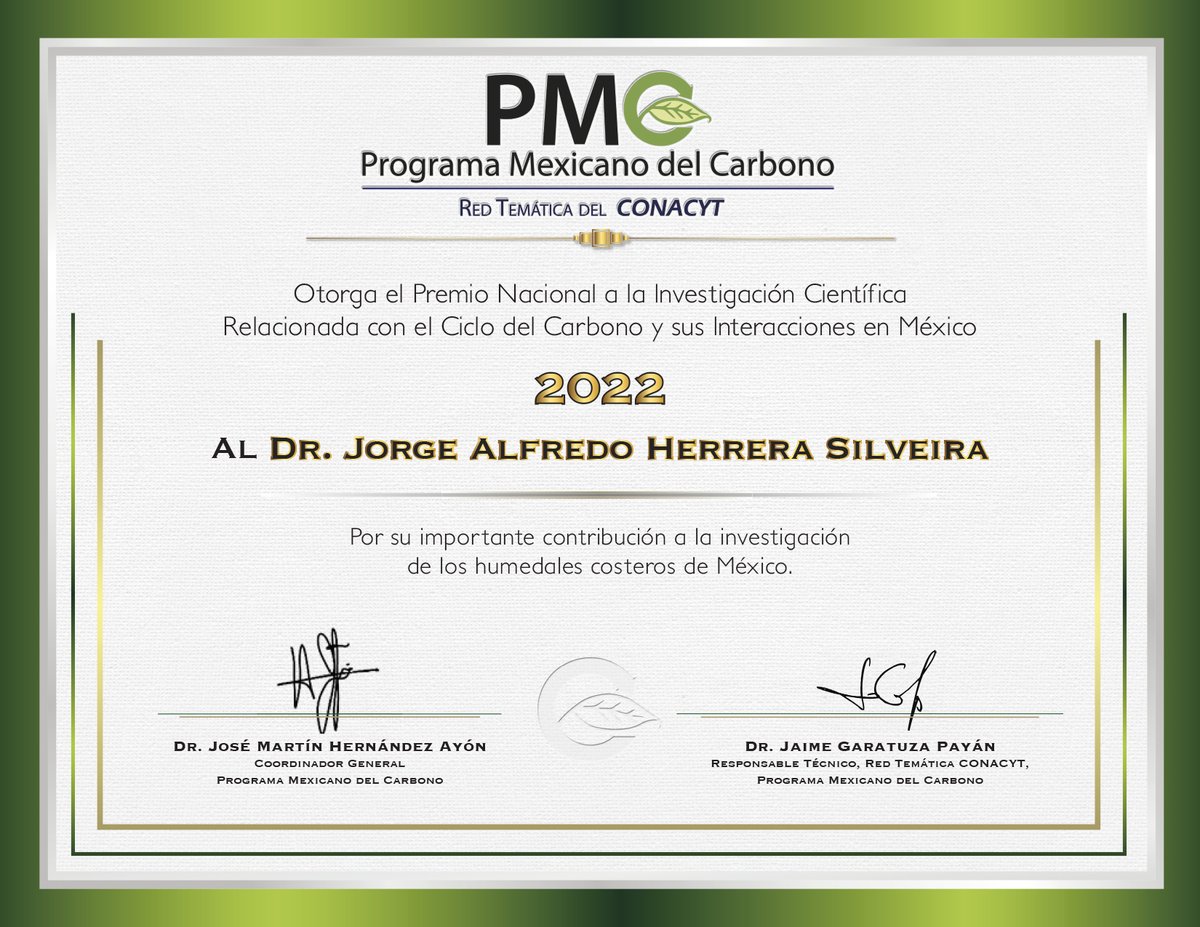 En el XIII Simposio Internacional de Carbono en México del <a href="/ProgMexCarb/">Programa Mexicano del Carbono</a>, el Dr Jorge Herrera Silveira ha sido galardonado con el Premio Nacional a la Investigación Científica Relacionada con el Ciclo de Carbono y sus Interacciones. En <a href="/CinvesProdPrim/">Laboratorio de Producción Primaria CINVESTAV</a> nos unimos a la felicitación.