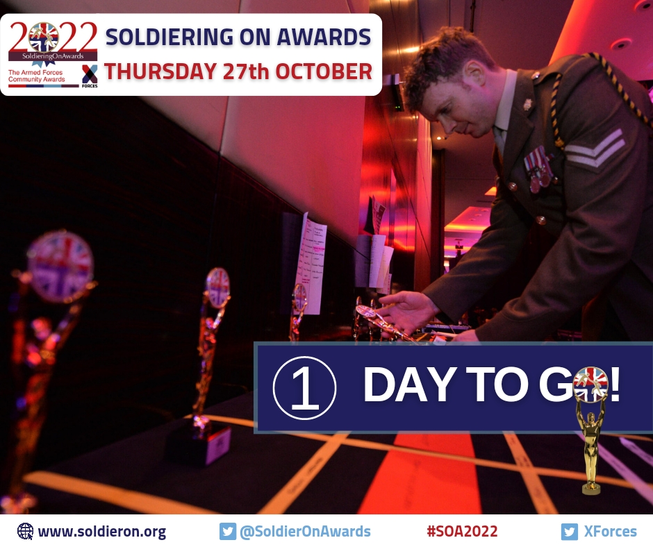 Just 1 day to go until the #SoldieringOnAwards celebration, which recognises extraordinary endeavour within the military community. Find out who has won this year's coveted awards via live stream at 9.10pm at bit.ly/3eXddKJ