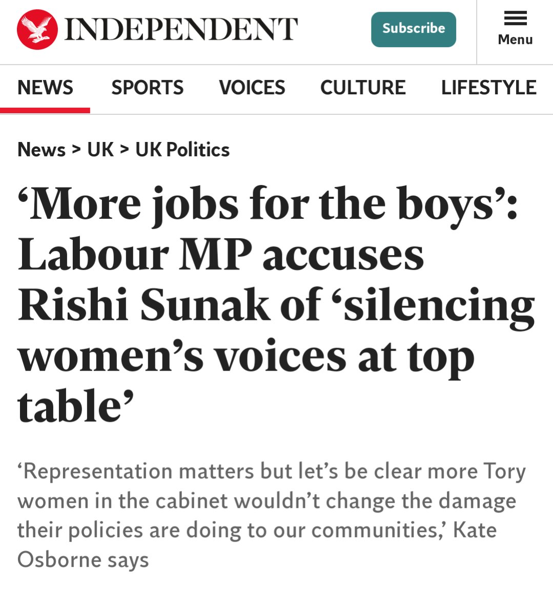 No surprise that Sunak's cabinet has more jobs for the boys. Women are always treated as 2nd class citizens by Tories. It is women who face brunt of the consequences of #ToryChaos, women hit hardest by cuts and cost of living crisis. #GeneralElectionNow independent.co.uk/news/uk/politi…