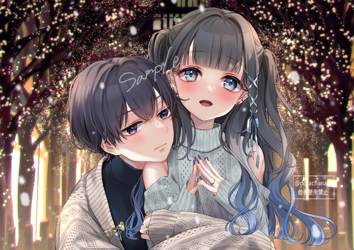 1girl 1boy long hair black hair blue eyes blush jewelry  illustration images