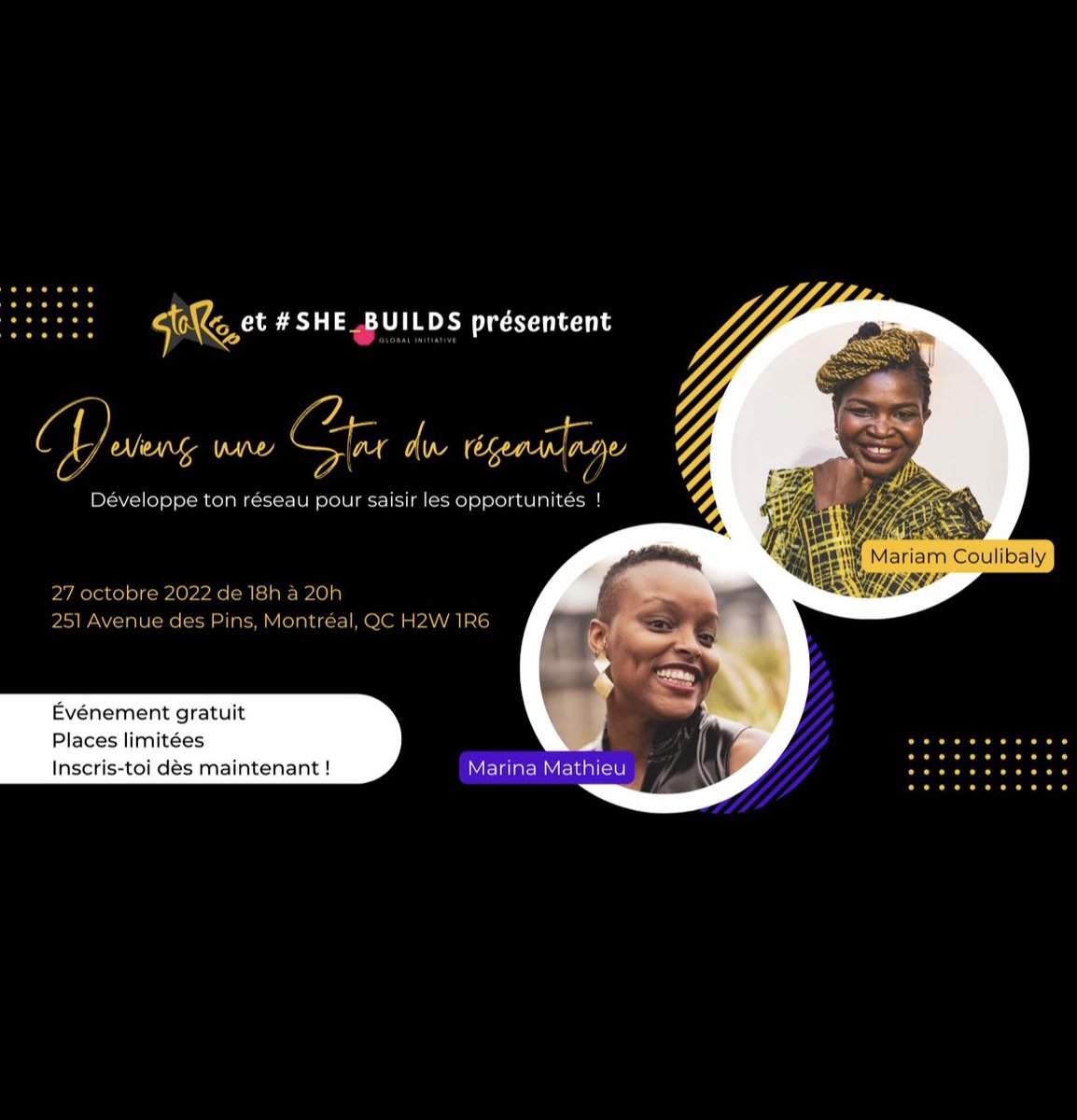 shebuildslegacy's tweet photo. In partnership with #StartOp, the  #SHE_BUILDS_MONTREAL chapter is offering an evening packed with tools and inspiration for your networking strategies! The program will include a practical exercise, animated networking activity, and more! Register on eventbrite to join! https://t.co/NXErJgnEmD