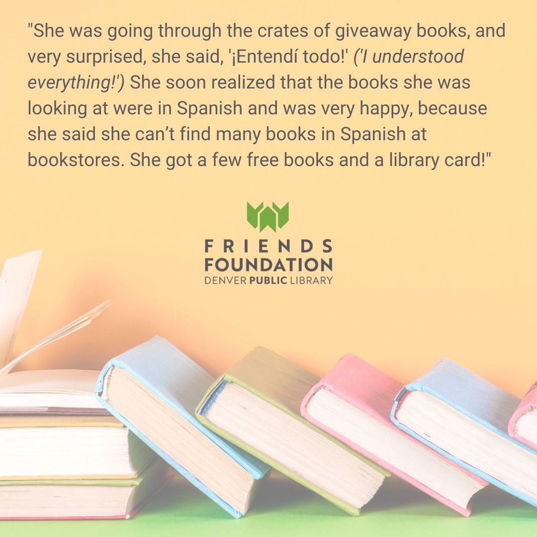 PublicDenver's tweet photo. A @denverlibrary #Spanish services coordinator shared this story about her work at a block party. The #library can increase its Spanish-language collections and make more stories like this possible w/ the passage of 2i! https://t.co/AAeGKhiUQw. #stronglibrarystrongdenver #yeson2i https://t.co/I6nY93HPeg
