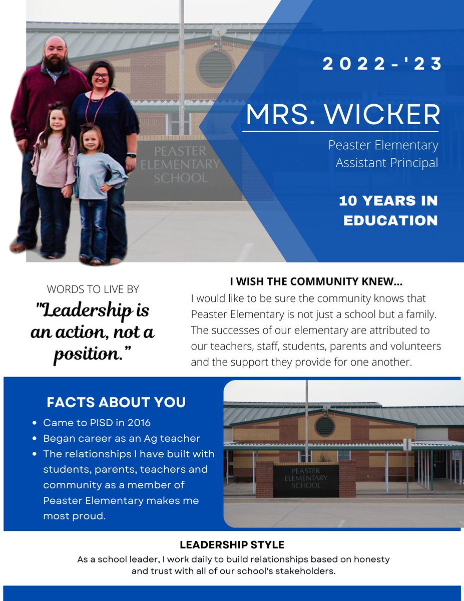 💙😊NATIONAL PRINCIPALS MONTH!😊💙
Nat'l Principals Month is an opportunity to honor our incredible principals for their leadership and tireless pursuit of success for students. PISD THANKS YOU, Mrs. Allison Wicker from Peaster Elementary School!🥳
#PISDSuperHeroes #LeadByExample