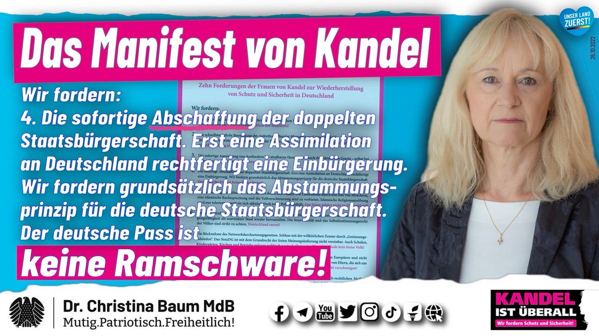 Kandelueberall's tweet photo. 4. Sofortige Abschaffung der doppelten #Staatsbürgerschaft. Erst #Assimilation an #Deutschland rechtfertigt #Einbürgerung. Wir fordern grundsätzlich das #Abstammungsprinzip für die deutsche Staatsbürgerschaft. Der deutsche #Pass ist keine #Ramschware! 

https://t.co/Gd7WjYZe9Y https://t.co/Rag3Dmauz9
