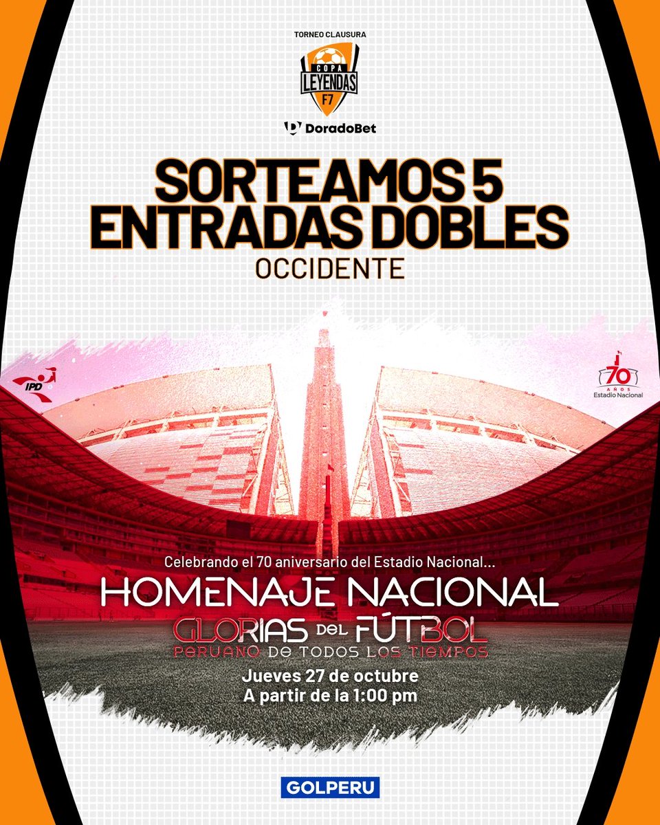 copaleyendasf7's tweet photo. SORTEO FLASH ⚠️ de 5 entradas dobles 🎟️ para estar en la fiesta del estadio Nacional 🏟️.

📌 Requisitos:
1️⃣ Sigue a @copaleyendasf7 y @GOLPERUoficial
2️⃣ Dale RT a este post
3️⃣ Utilizando el HT #SORTEOXGOLPERU, etiqueta a un amigo y describe tu primera experiencia en el Nacional https://t.co/4zFy9wKhUg