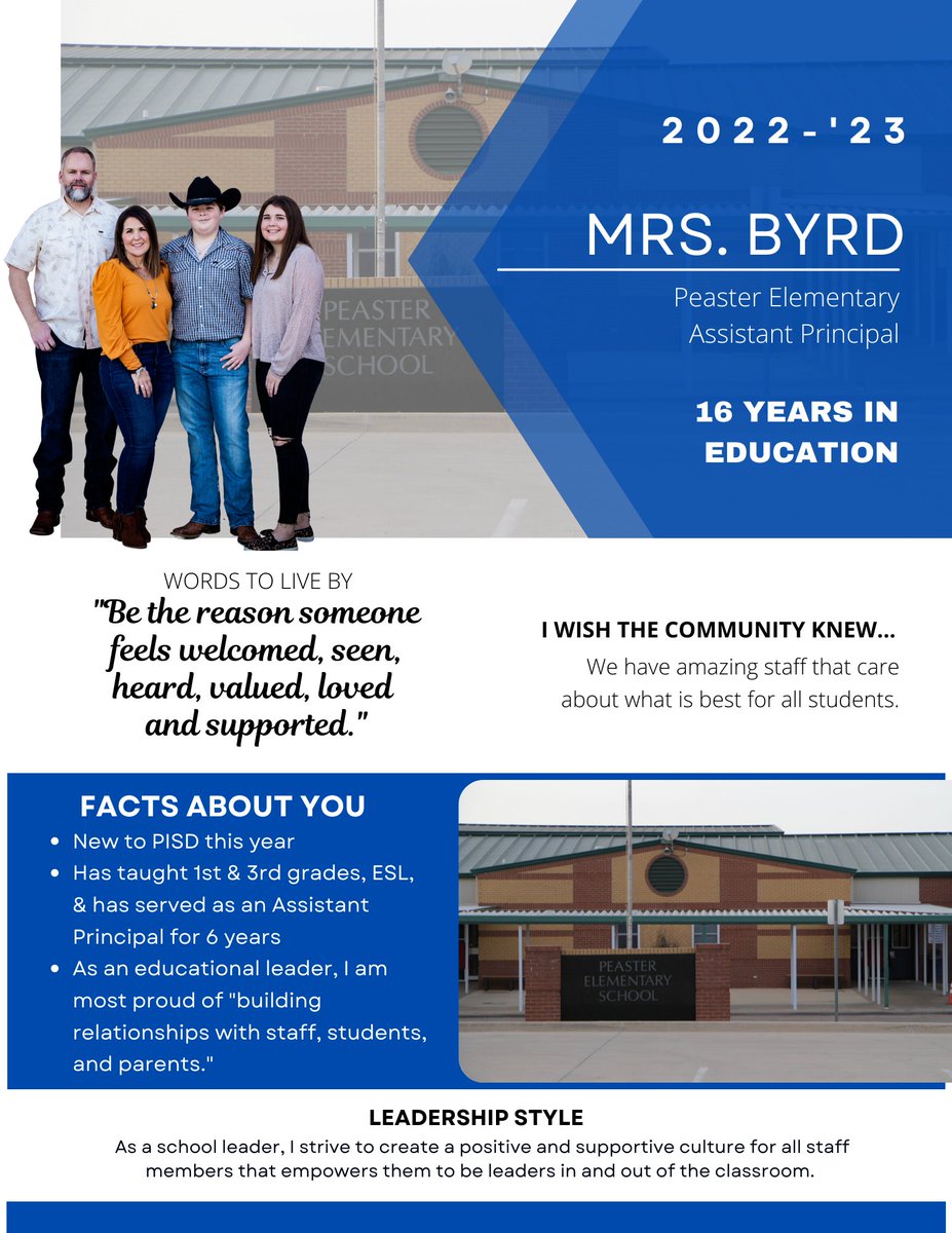 💙😊NATIONAL PRINCIPALS MONTH!😊💙
Nat'l Principals Month is an opportunity to honor our incredible principals for their leadership and tireless pursuit of success for students. PISD THANKS YOU, Mrs. Jennifer Byrd from Peaster Elementary School!🥳
#PISDSuperHeroes #LeadByExample