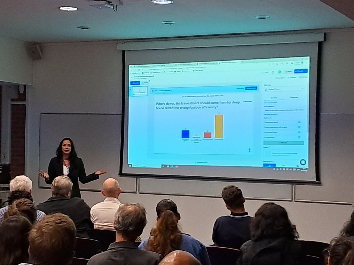 NottinghamCEDI's tweet photo. The only way we will achieve and #energyrevolution is by putting people at the core of the discussion. A very engaged audience at our #nottinghamretrofit event. Prof @luceliataranto shares the audience responses collected today. https://t.co/5Rpz8K64PP https://t.co/uuS6DoW4rr