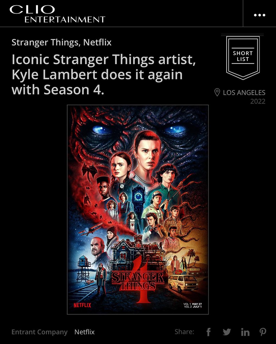 🏅@ClioAwards Nomination : I’m incredibly thankful to Netflix for submitting my season 4 art for a Clio Entertainment Award - The poster has been nominated in the Illustrated Key Art category. #StrangerThings