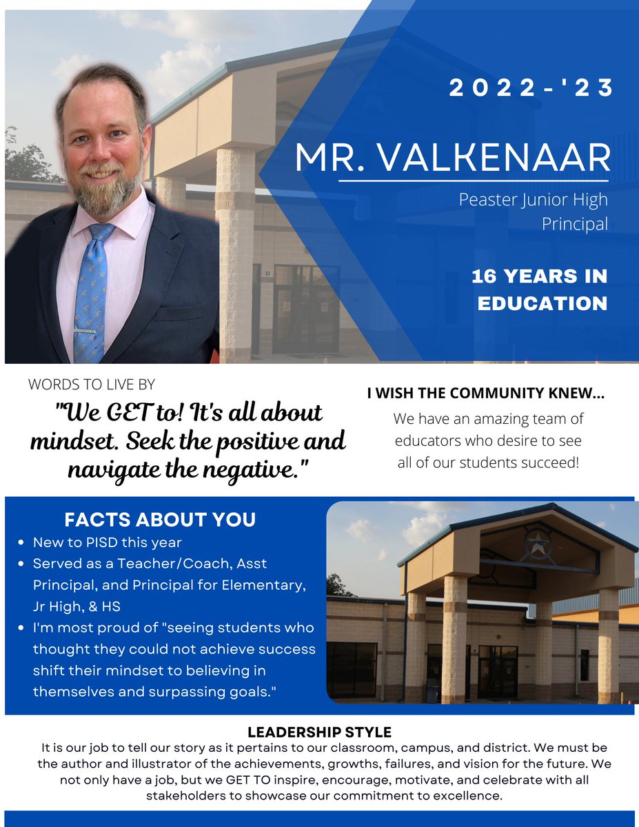 💙😊NATIONAL PRINCIPALS MONTH!😊💙
Nat'l Principals Month = an opportunity to honor our incredible principals for their leadership and tireless pursuit of success for students. PISD THANKS YOU, Mr. Steve Valkenaar from Peaster Junior High School!🥳
#PISDSuperHeroes #LeadByExample