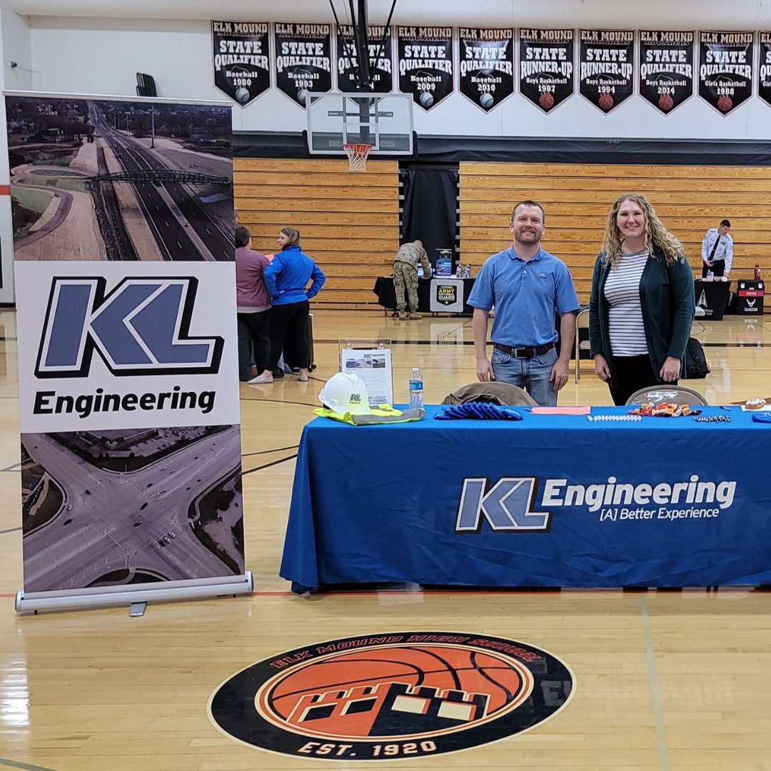 KL's Joshua Melby and Shelly Harris met with students this morning at the <a href="/elkmound_emsd/">Elk Mound Schools</a> Career Fair. They shared insights about what it's like to be a civil engineer, design bridges, and manage construction projects. Thanks for sharing your knowledge!