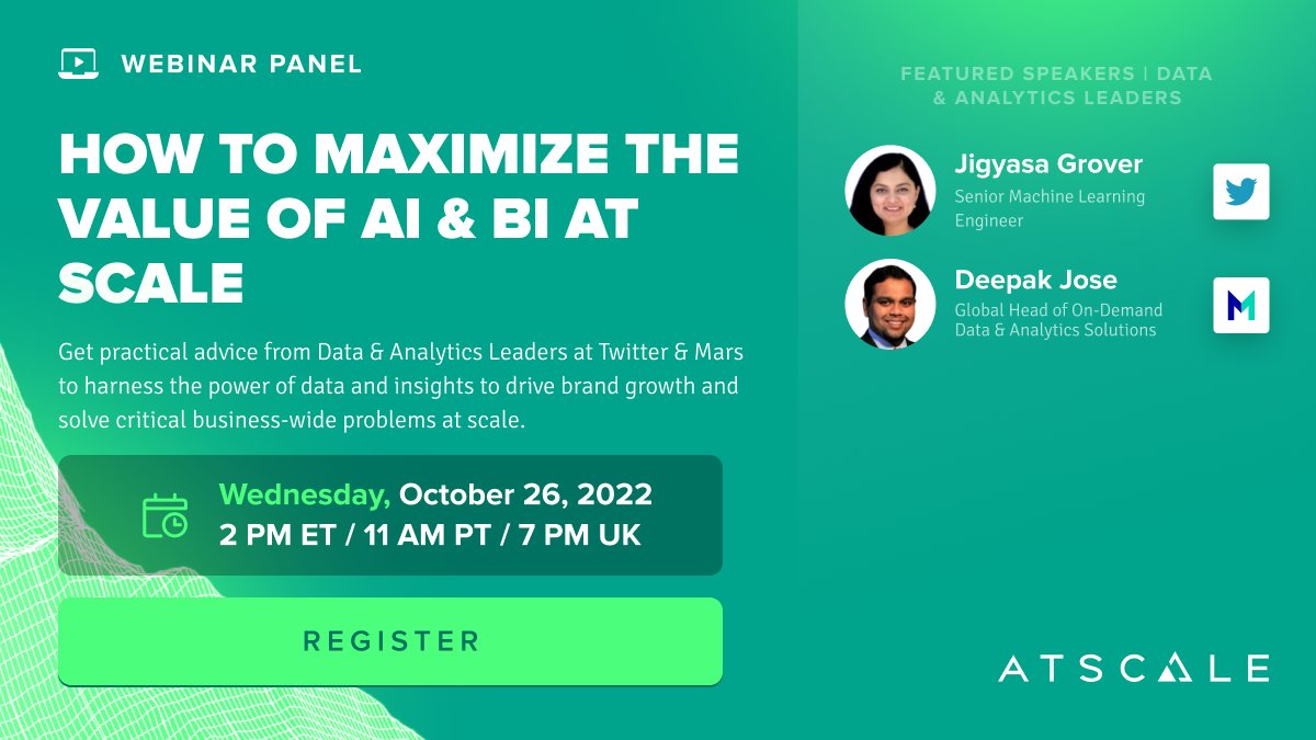 aicampai's tweet photo. Starting soon: Maximize the Value of AI &amp; BI at Scale by @AtScale
Get practical advice from Data &amp; Analytics Leaders, @jigyasa_grover (Twitter) &amp; @deepak_dj  to harness power of data and insights to solve critical business-wide problems at scale.
📌 https://t.co/3gPIWCMIFf https://t.co/rNvkEAJMYi