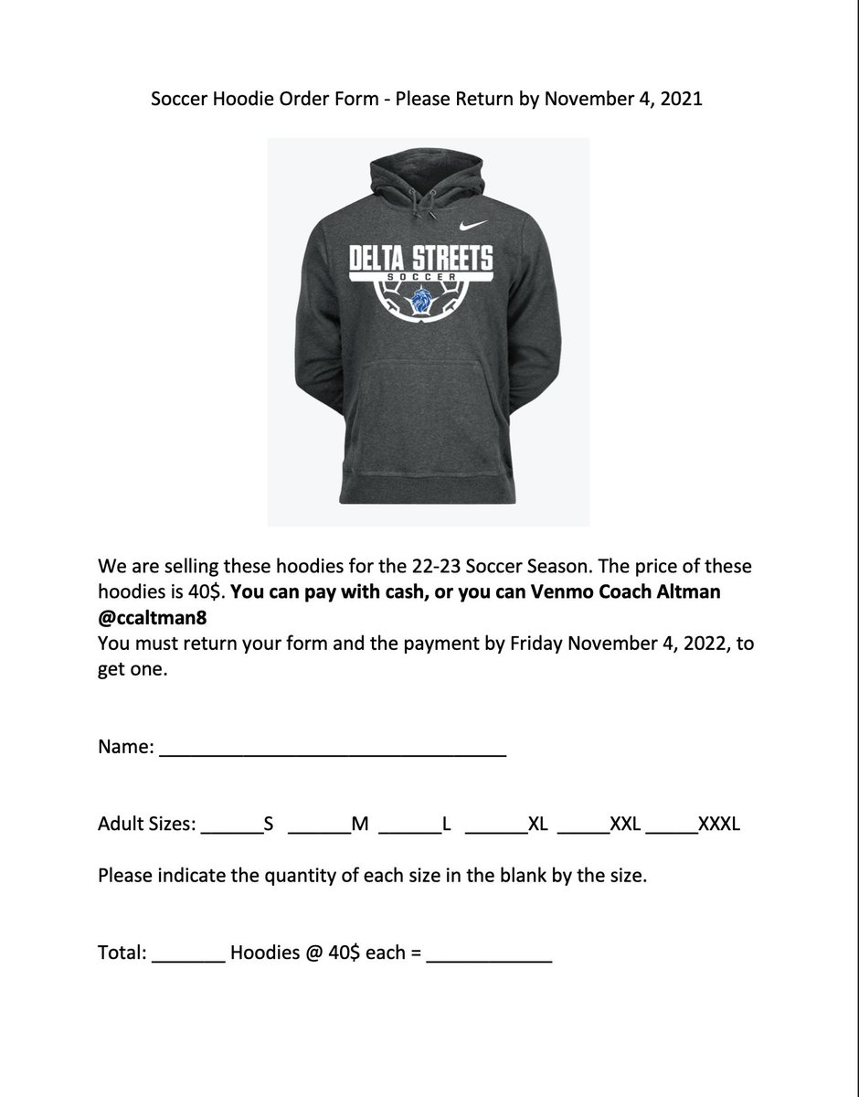 DeltastreetsA's tweet photo. Attention!!!!
Delta Streets Academy soccer season is just around the corner which means hoodie season is as well! If you would like to order one or two of this year's model, you can contact Coach Altman or turn your money and form in to the school. Thank you! https://t.co/FKYBMsdALb