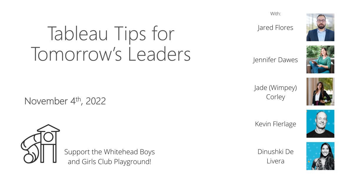 We're just over one week away from Tableau Tips for Tomorrow's Leaders! Check out the link below to sign up and learn from some of the best in the business. All proceeds go to AV's playground project at Whitehead Boys and Girls Club. 
Sign up here: analyticvizion.com/tableau-tips-p…