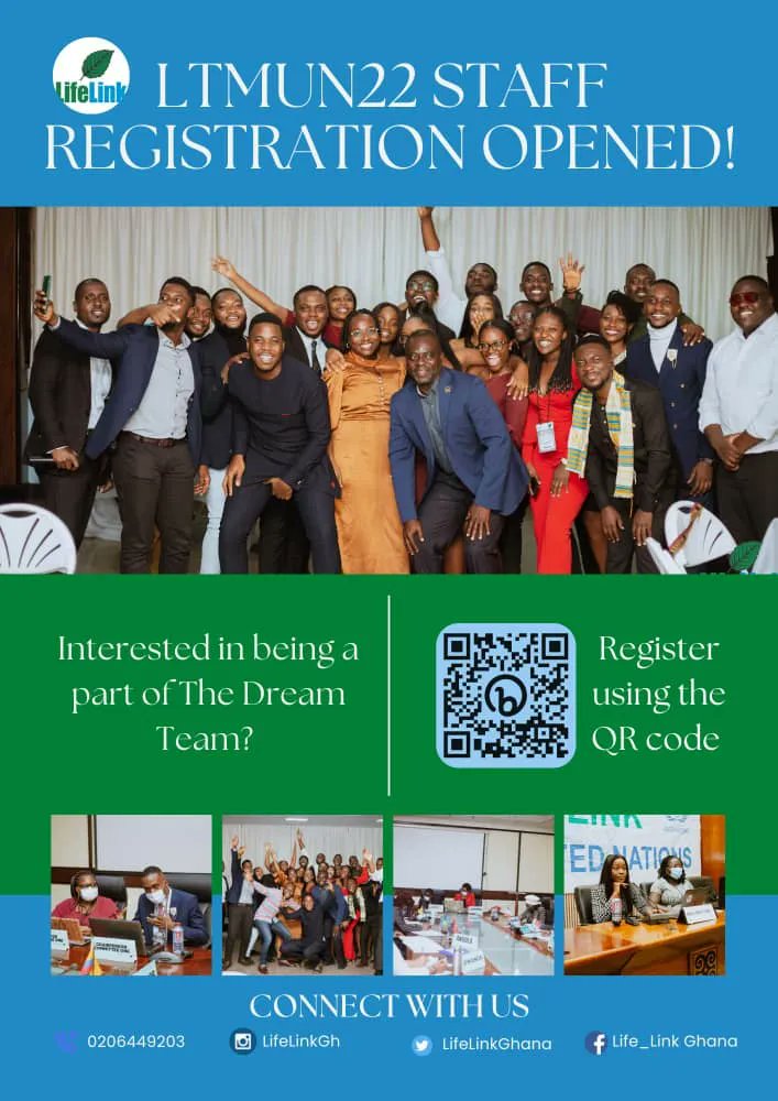 LifeLinkGhana's tweet photo. The clock is ticking for the LTMUN conference 2022. Register now to be part of this year's staff. Call us on 0206449203 or visit our website at https://t.co/pA6qkbL2F4 to be part of this year's LifeLink Tertiary Model UN staff.

#LMUN22 #LTMUN22 #MUN #UN https://t.co/ALk3CyyLUs