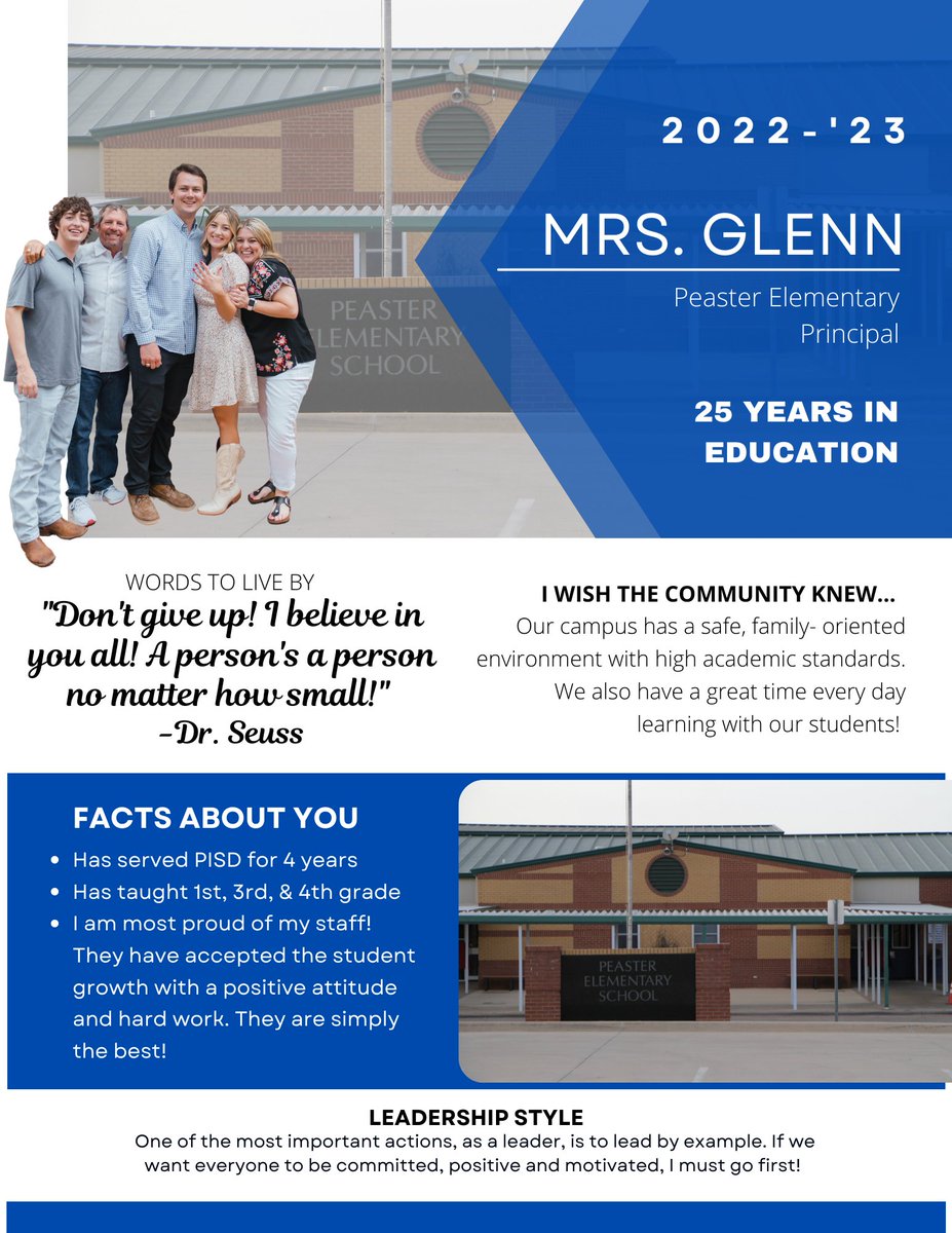 💙😊NATIONAL PRINCIPALS MONTH!😊💙
Nat'l Principals Month is an opportunity to honor our incredible principals for their leadership and tireless pursuit of success for students. PISD THANKS YOU, Mrs. Becky Glenn from Peaster Elementary School!🥳
#PISDSuperHeroes #LeadByExample