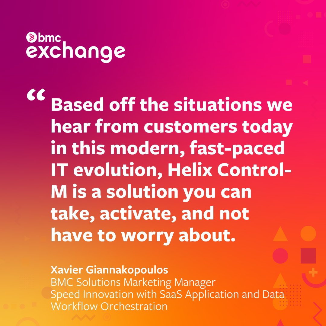 BMCSoftware's tweet image. Key takeaway from the #bmcexchange session surrounding speed #innovation with #SaaS application and data workflow orchestration using #HelixControlM.