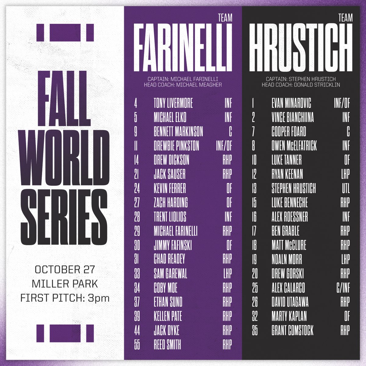𝐓𝐎𝐌𝐎𝐑𝐑𝐎𝐖: 𝐅𝐀𝐋𝐋 𝐖𝐎𝐑𝐋𝐃 𝐒𝐄𝐑𝐈𝐄𝐒 🍂⚾️🏆
Team Farinelli (<a href="/mfarinelli21/">Michael Farinelli</a>) vs Team Hrustich (<a href="/stephenhrustic2/">Stephen</a>)
Free Admission to Miller Park!
First Pitch set for 3pm.

#GoCats | #WorldSeries | <a href="/JimFoster23/">Jim Foster</a> | <a href="/NU_Sports/">Northwestern Athletics</a>