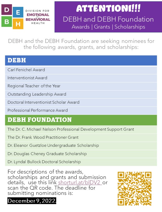 Calling all teachers, researchers, scholars, and students.... @DEBH and the #DEBHfoundation are seeking nominations for their awards, grants, and scholarships. Be sure to hurry because nominations due Dec 9th. For details visit shorturl.at/blDV2 or scan the QR Code