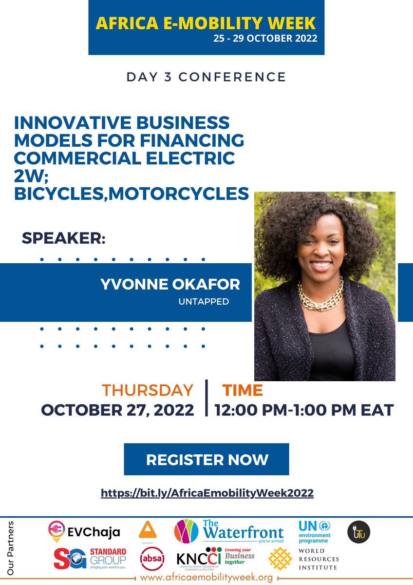 WISEe_Africa's tweet photo. Our very own Daphin Juma @DaphinJuma, will be the moderator at the Innovative Business Models for Financing Commercial Electric 2W panel on Thursday 27 October from 12 - 1 pm! Join her and hear from the speakers.

More details on the posters https://t.co/2fL74f2ddN