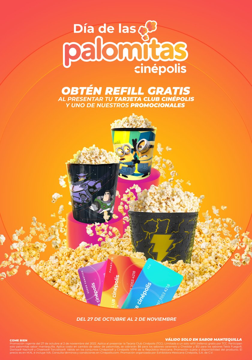 Cinepolis's tweet photo. ¡Tendremos la #SemanaDeLasPalomitas!
Ven a mis salas, presenta tu Tarjeta Club Cinépolis, una cubeta promocional y obtén refill gratis. 🍿😊👌 https://t.co/dRiYgE0rRv