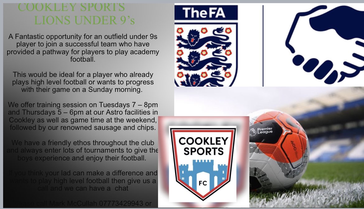 Cookleysportsfc's tweet photo. A fantastic opportunity to join our under 9’s team. Get in touch with Mark  on 07773429943⚽️⚽️⚽️ https://t.co/cs07gyYcU7